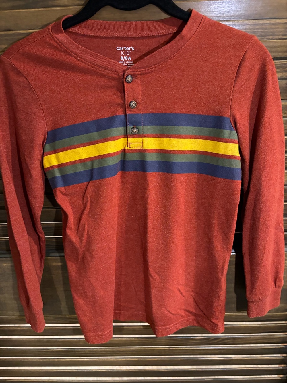 Carter's Rust Red Henley with Navy and Olive Stripes